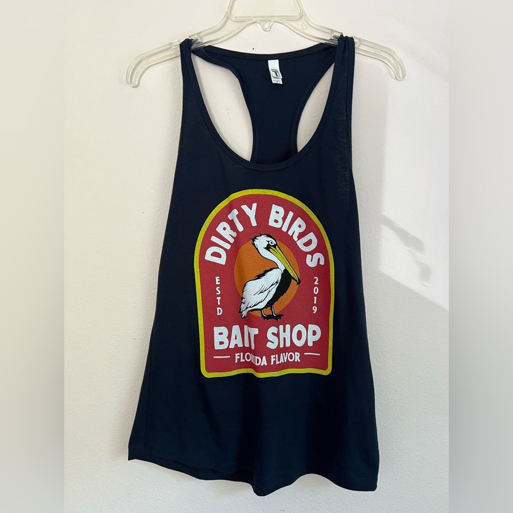 Blue and Red Muscle Tee with Graphic Design/Dirty Birds Bait Shop